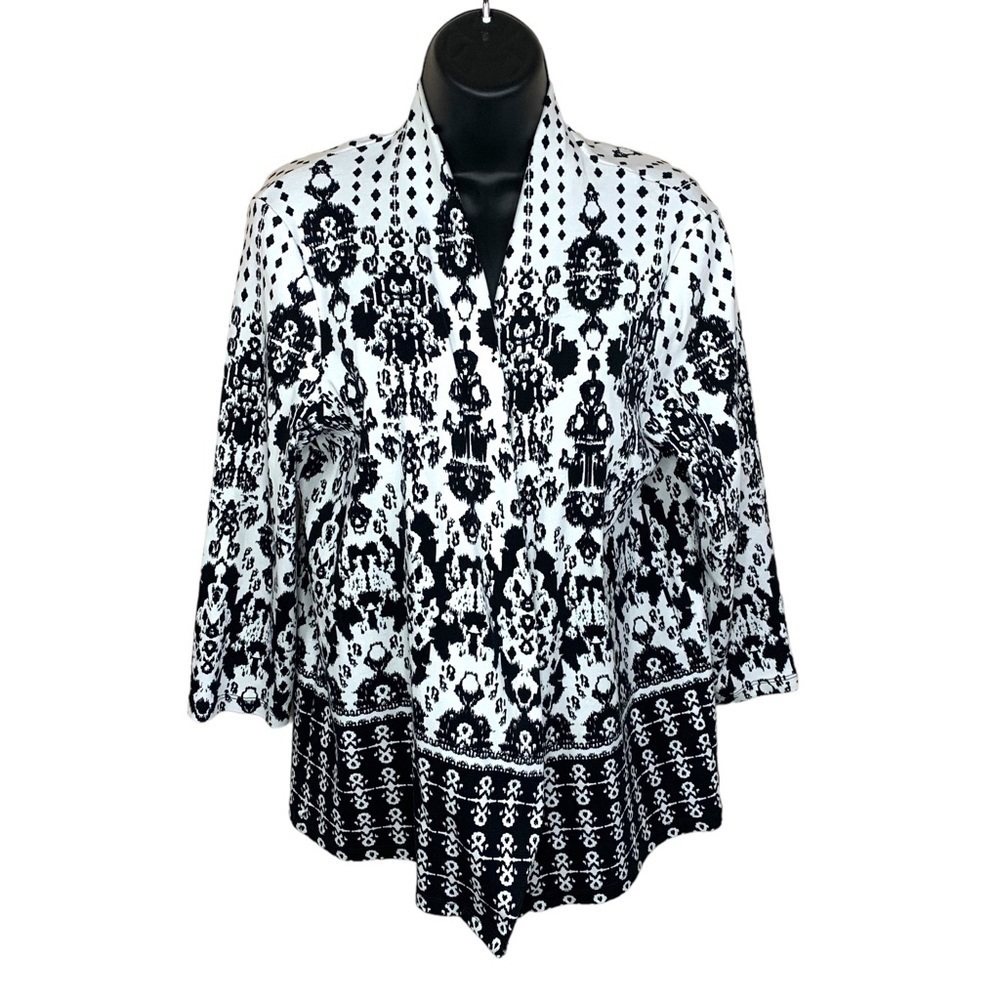 Rafaella Black White Print Shrug Sweater Cardigan Large Open Front Long Sleeve